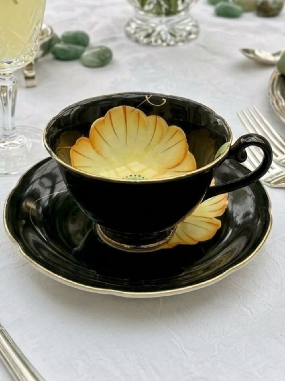 Vintage Teacup & Saucer Black with Yellow Flower Princess China Occupied Japan